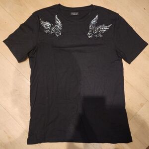 Zara Black and Silver Short Sleeve Tee with Ornate Wing Design